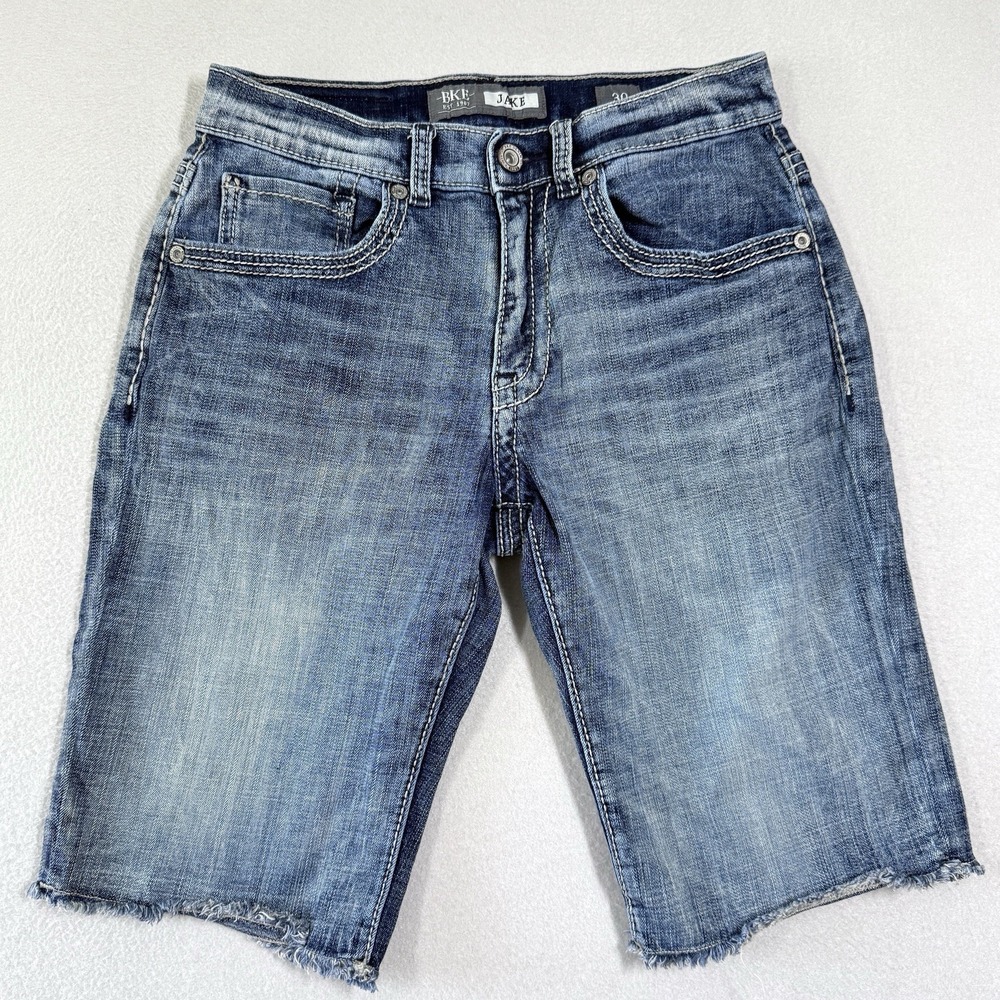 BKE Jake Jean Shorts Mens 30 Blue Denim Jorts Cut Off 12" Inseam Raw Hem Stretch